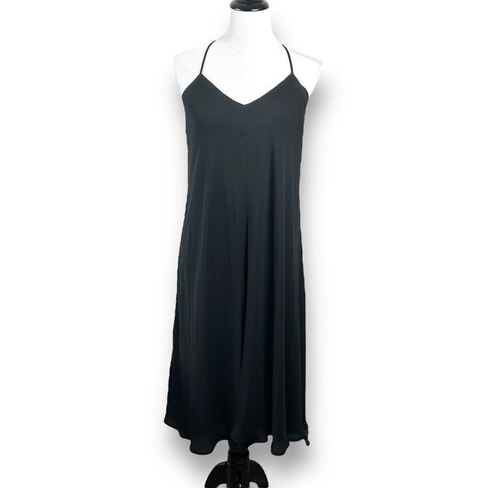 Loft Women's Size 6 Halter Strap Midi Dress Solid Black Racerback Minimalist LBD